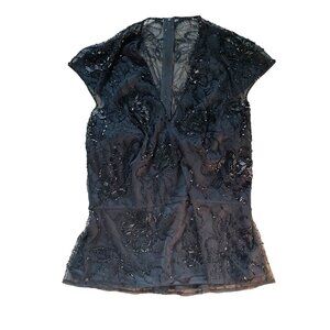 Tadashi Collection Beaded Black Mesh Top Size 8 NWT